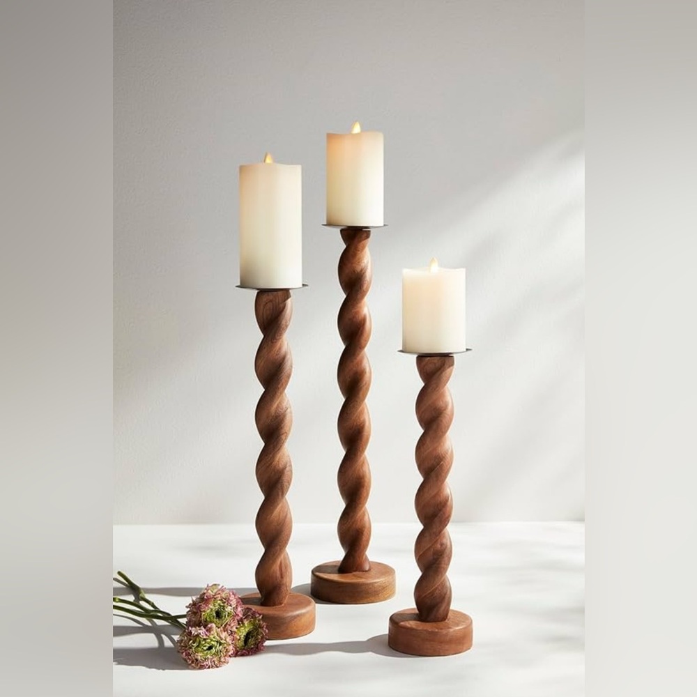 NWT Mud Pie Twisted Wood Candlesticks- set of 3